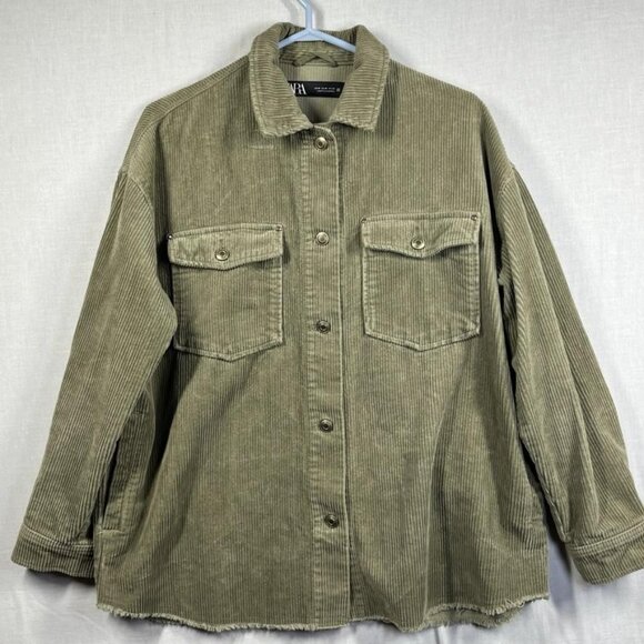 Zara Corduroy Shirt Jacket Womens Medium Olive Green Oversized Shacket Buttons - Picture 1 of 9